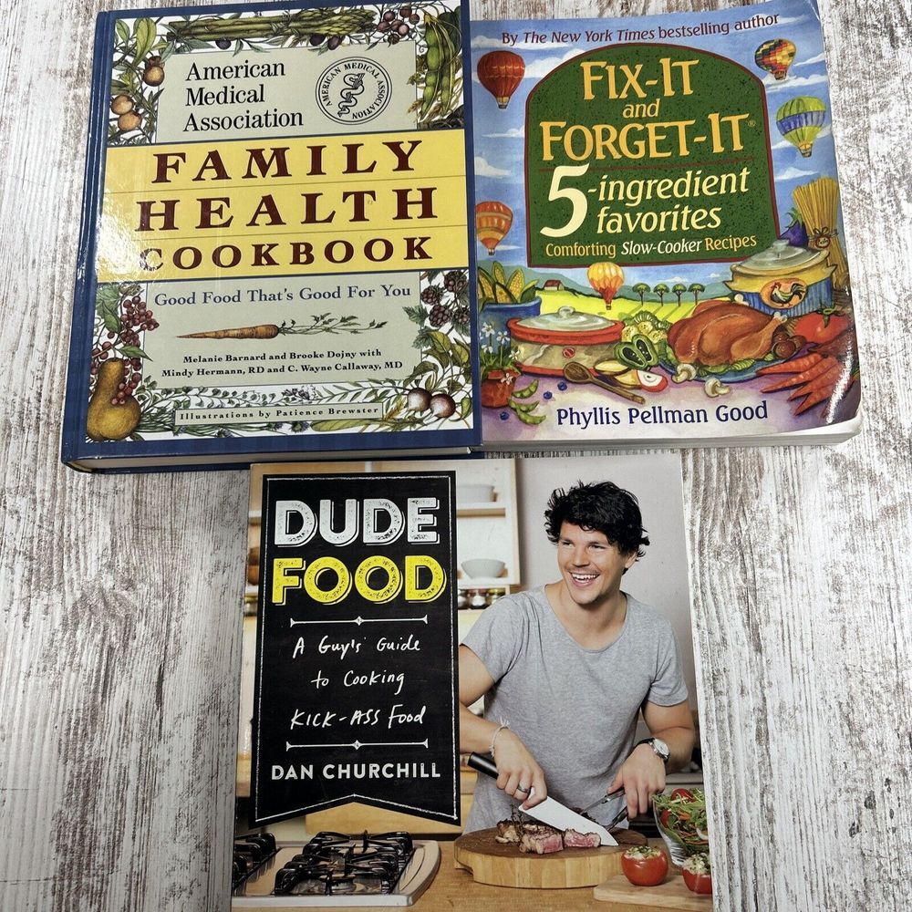 Lot Of 3 Cookbooks-Family Health Cookbook, Fix‎ It And Forget It, Dude Food